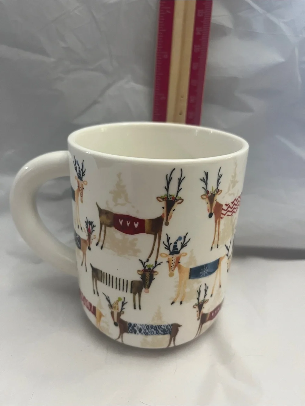 Williams Sonoma White Ceramic Reindeer Mug with Multicolor Accents